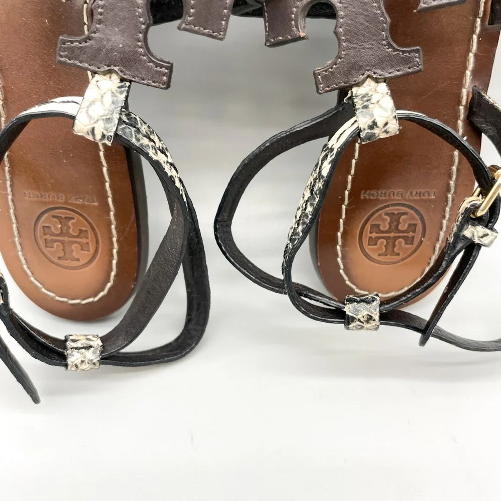 Tory Burch Womens 8M Miller Thong Sandals Brown Snakeskin Leather Flat Preppy